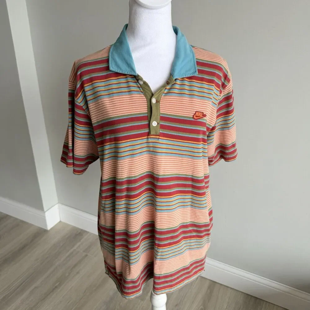 Nike VTG 90’s Striped Rugby Polo Shirt Orange & Blue Men’s Large Swoosh Cotton